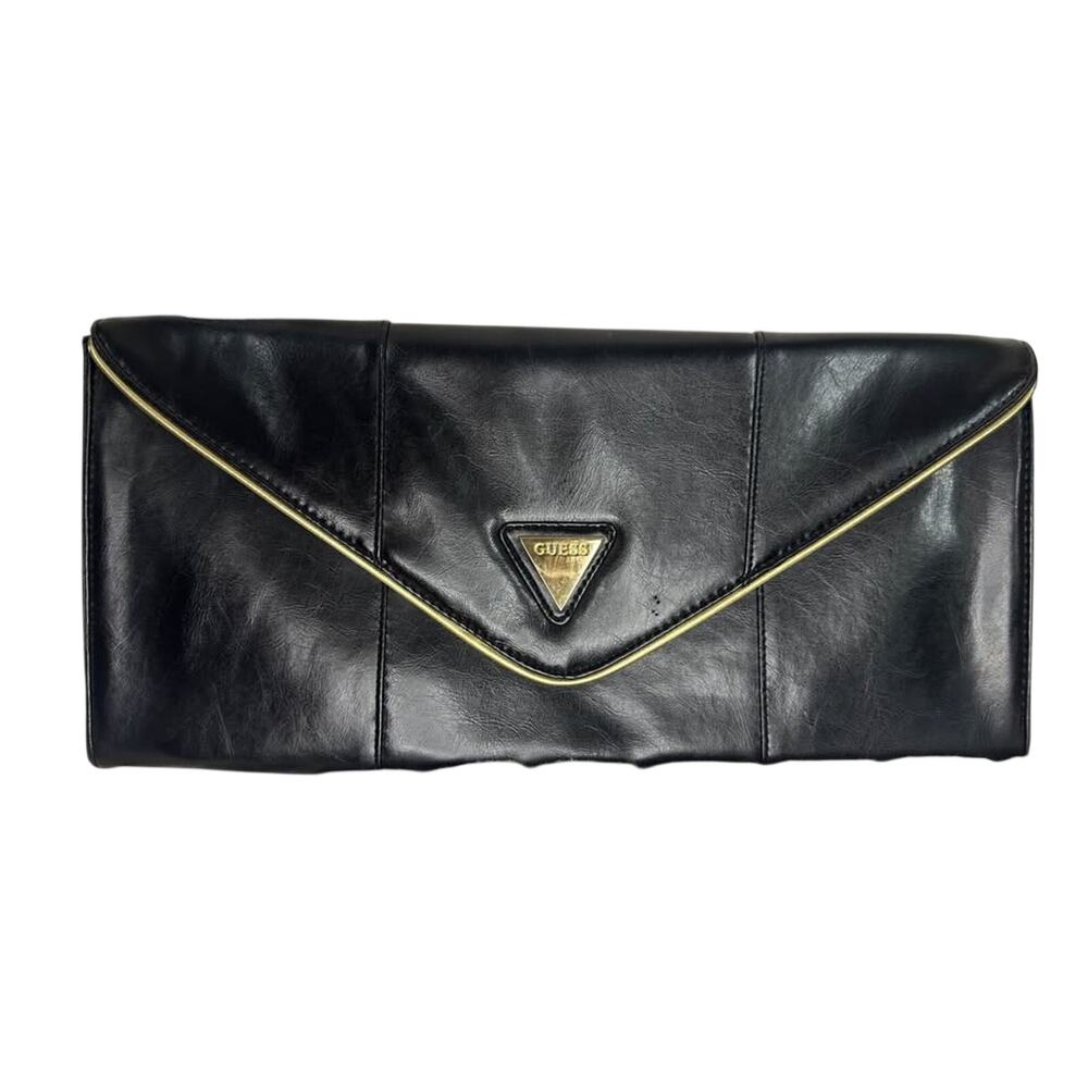 ⁠Guess Envelope Clutch Bag Black  Gold Trim Vintage 90s